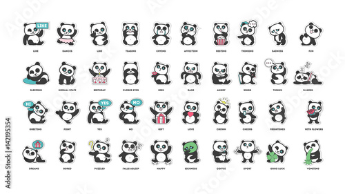 cute panda, stickers collection, in different poses, different moods vector illustration photo