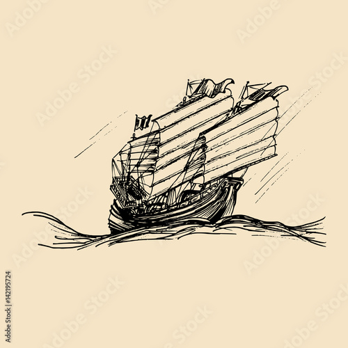 Vector sailing chinese junk ship in the sea in ink line style. Hand sketched sailing eastern boat.