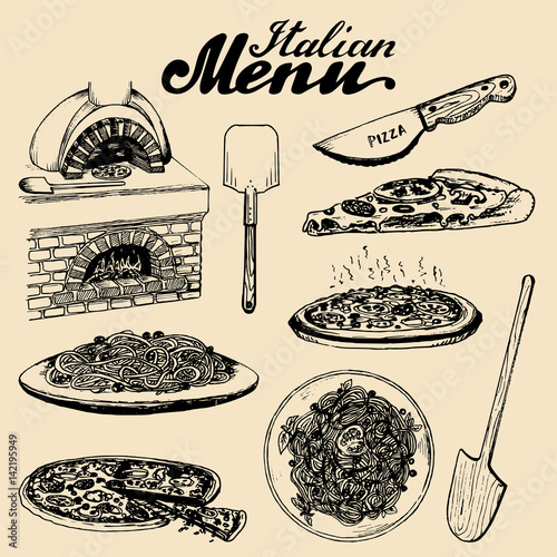 Hand sketched italian menu. Vector set of drawn mediterranean food elements with lettering in ink style.