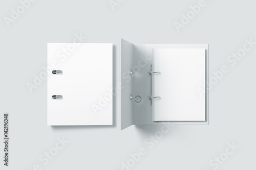 Blank white ring binder folder design mockup top view, 3d rendering. Self-binder mock up with stack of a4 paper. Office supply cardboard folder branding presentation. Desk lever arch file cover.