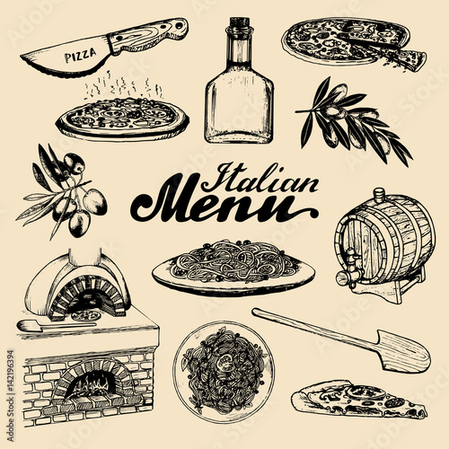 Hand sketched italian menu. Vector set of drawn mediterranean food elements with lettering in ink style.