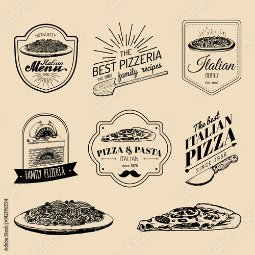 Vector hipster italian food logos. Modern pasta and pizza signs etc. Hand drawn mediterranean cuisine illustrations.