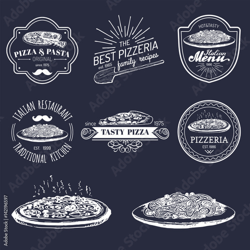 Vector hipster italian food logos. Modern pasta and pizza signs etc. Hand drawn mediterranean cuisine illustrations.