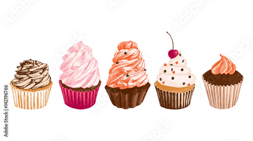 Set of hand drawn vector cupcakes