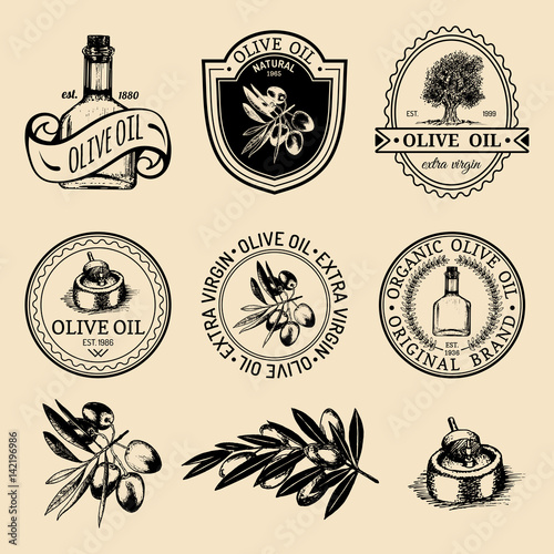 Vector set of vintage natural olive production logos. Retro hand sketched extra virgin oil signs with farm elements.
