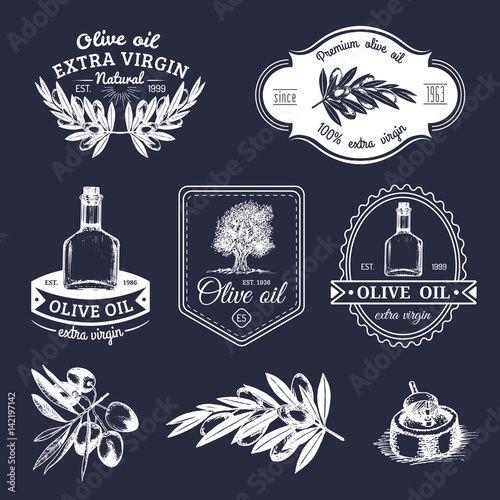Vector set of vintage natural olive production logos. Retro hand sketched extra virgin oil signs with farm elements.