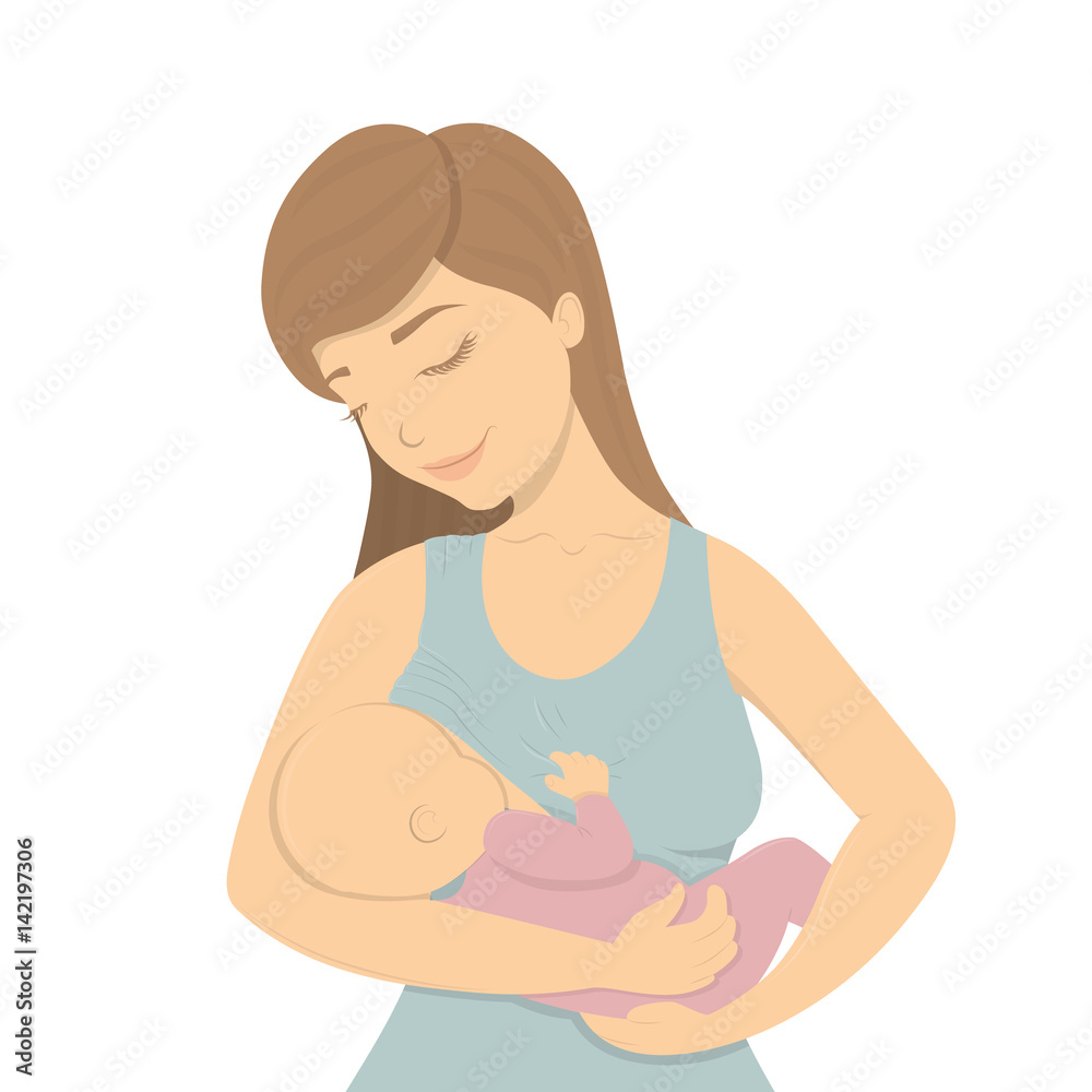 Beautiful mother breastfeeding her baby child holding him in her caring hands. Cartoon lactation vector illustration. Beautiful mother breastfeeding her baby child holding him in her caring hands. Cartoon lactation vector illustration.