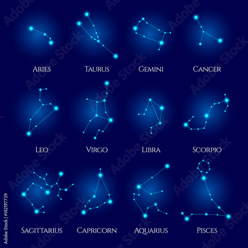 Constellations Vector Set. Twelve signs of the zodiac. Blue neon horoscope circle. Perfect for products such as t-shirts, pillows, album covers, websites, flyers, posters or any design