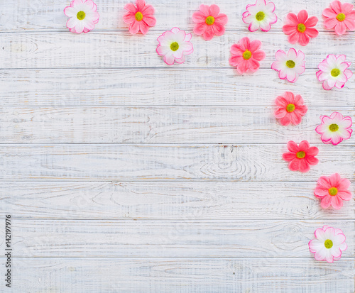 Spring flowers frame with pink daisy flowers over wooden background