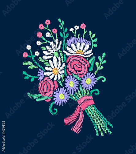 Vector embroidery imitation of wildflower boutonniere for print. Stitched illustration of flower bouquet with daisies and pink roses with ribbon.