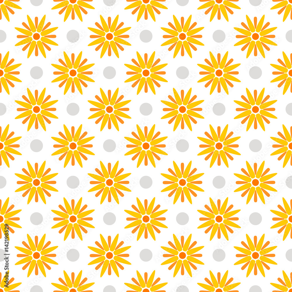 Summer polka dot seamless pattern with yellow flowers. Abstract floral background. Vector illustration Summer polka dot seamless pattern with yellow flowers. Abstract floral background. Vector illustration