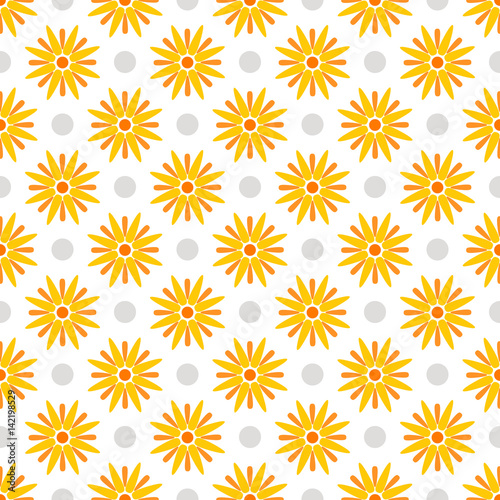 Summer polka dot seamless pattern with yellow flowers.  Abstract floral background. Vector illustration