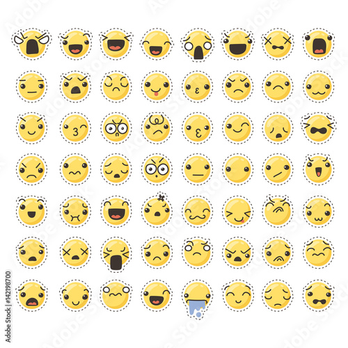 Set of cute lovely kawaii emoticon. Sticker collection.