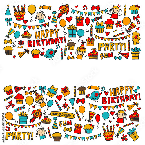 Vector kids party Children birthday icons in doodle style Illustration with children  candy  balloon  boys  girls