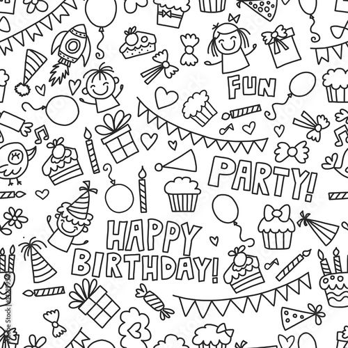 Vector kids party Coloring page Children birthday icons in doodle style Illustration with children, candy, balloon, boys, girls
