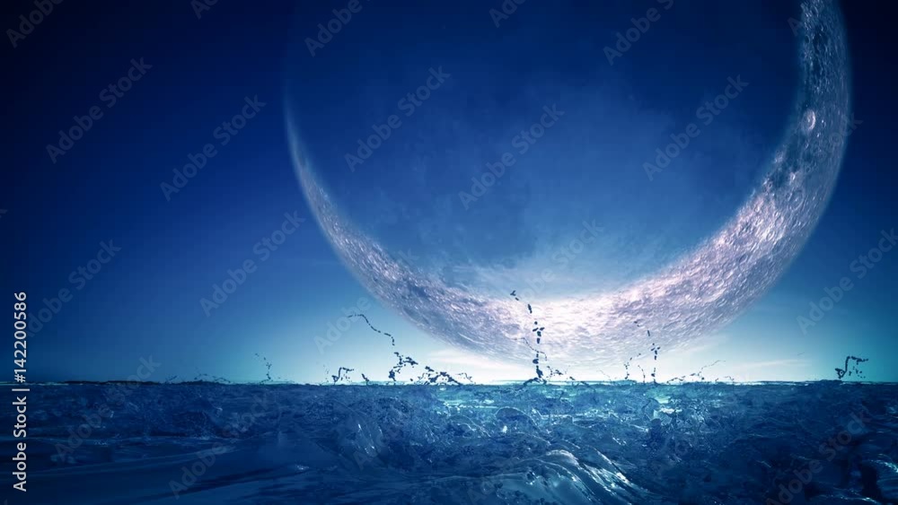 Magical Crescent Moon Above the Sea Reflecting on Water. 