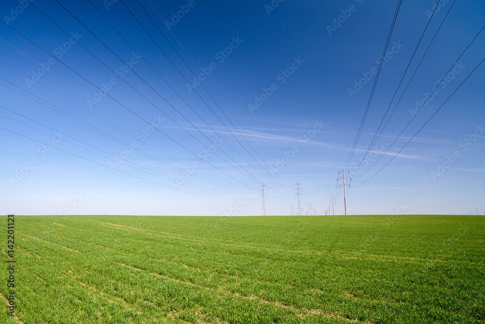 electricity pylons on a farm field