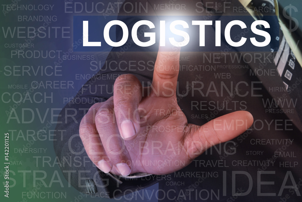 Businessman touching logistics button on virtual screen Businessman touching logistics button on virtual screen
