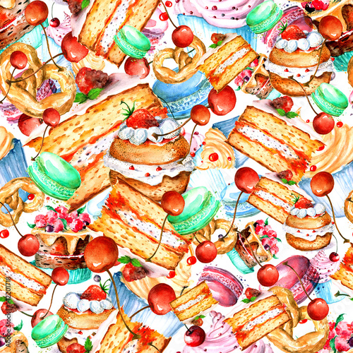  Seamless vintage pattern with watercolor. Vintage drawing - cakes, desserts, macaroon, Piece, cake, biscuit, cream, berries. Done in hand-made graphics with watercolors.