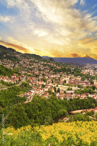 Beautiful view of the city of Sarajevo, Bosnia and Herzegovina, on the Sunset   © marinadatsenko