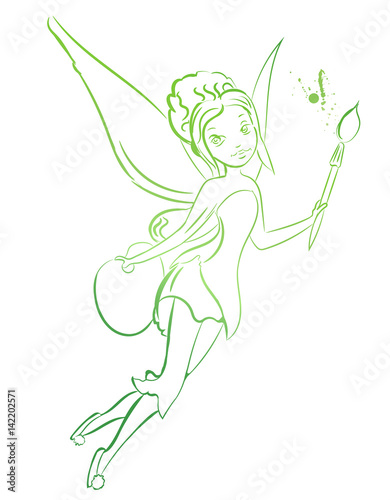 Fairy artist. Girl with brush and wings. Vector image.