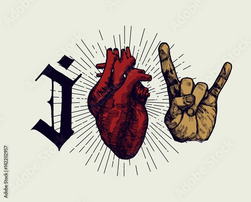 love rock'n'roll print - medieval style real heart and hand sign of horns grunge print