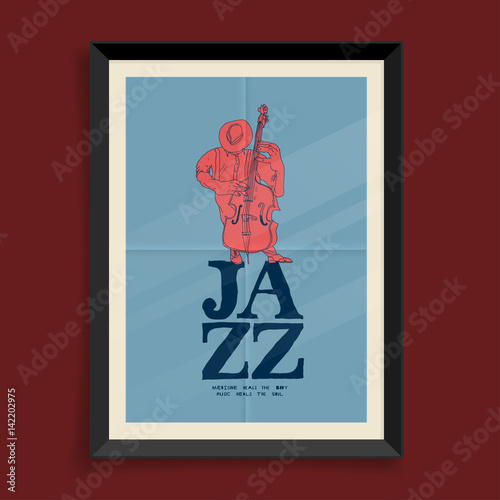 jazz poster with contrabass player in blue and pink colors