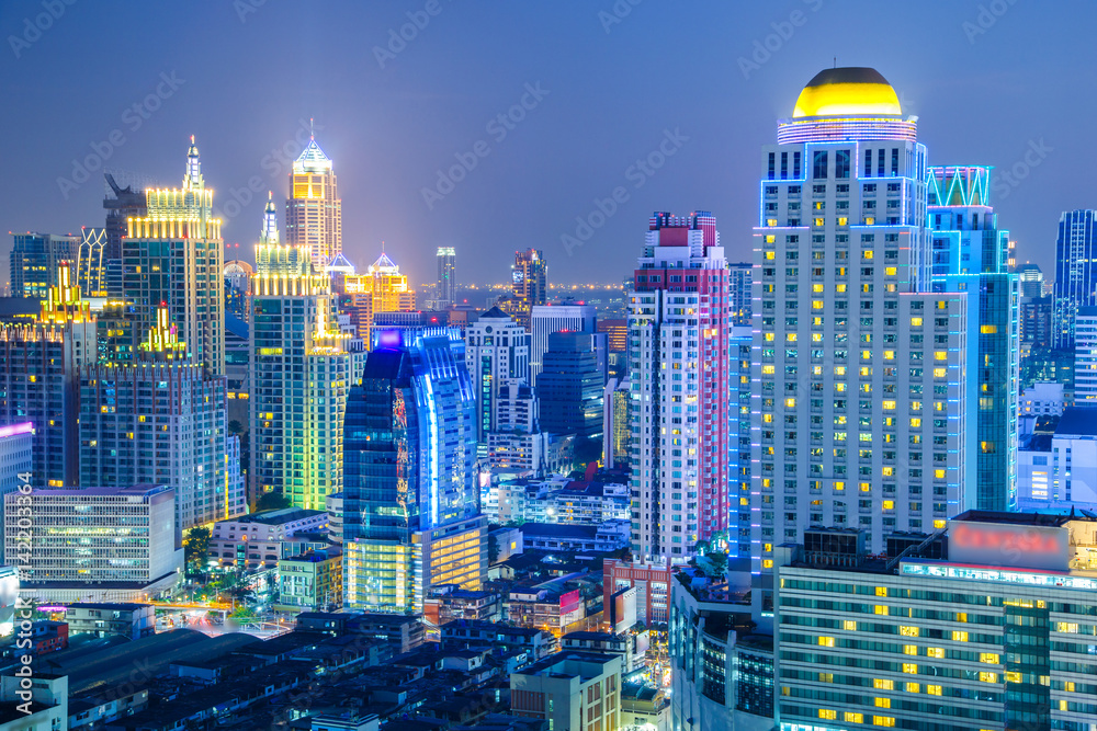 Bangkok City skyline aerial view at night time and skyscrapers of midtown bangkok.
