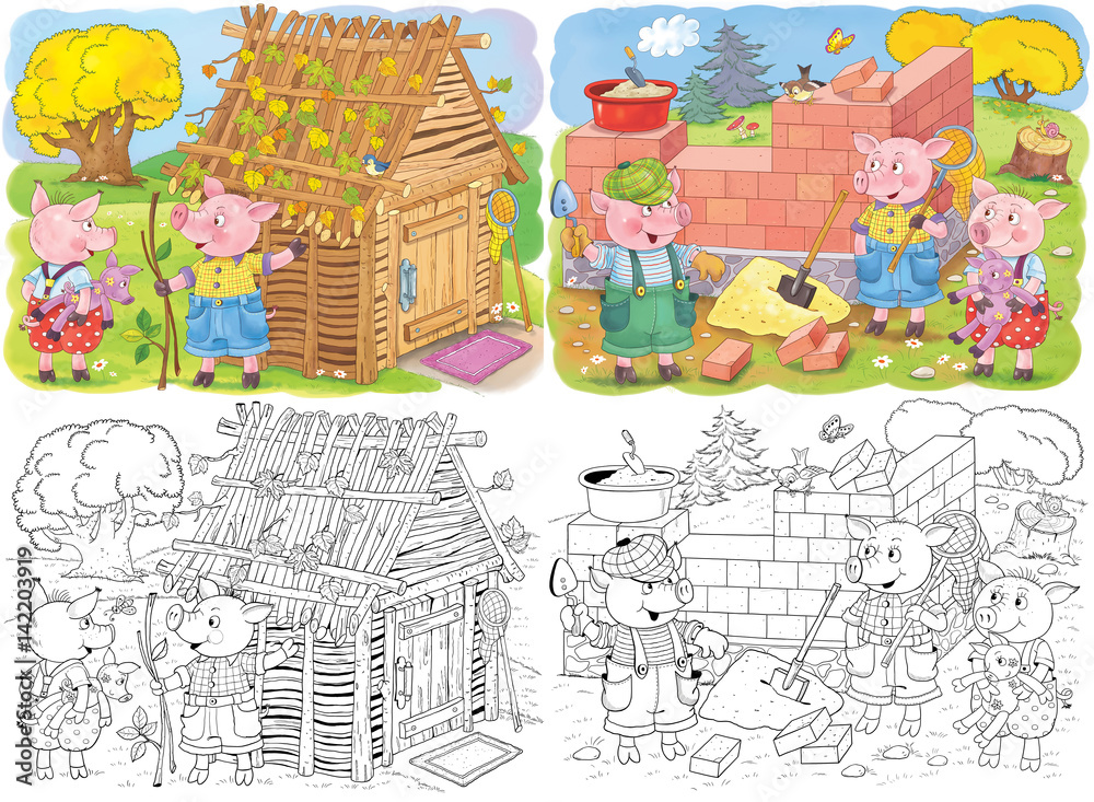 The three little pigs. Fairy tale. Coloring page. Coloring book. Cute