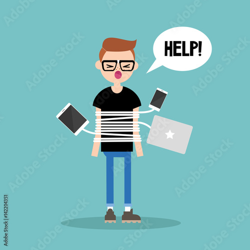 New technologies addiction. Young nerd tied up with charging wires / flat editable vector illustration, clip art