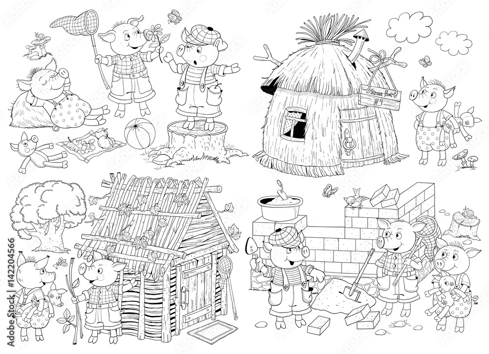 The three little pigs. Fairy tale. Coloring page. Coloring book. Cute and funny cartoon characters