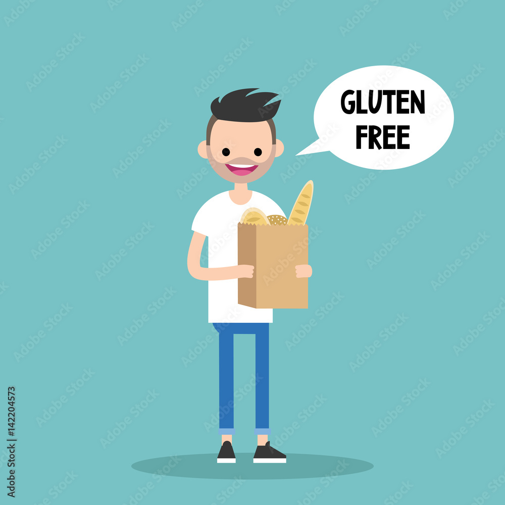 Young bearded man holding a paper bag with gluten free bread / flat editable vector illustration, clip art Young bearded man holding a paper bag with gluten free bread / flat editable vector illustration, clip art