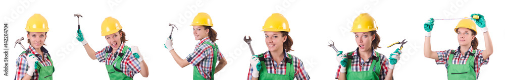 Female workman in green overalls isolated on white