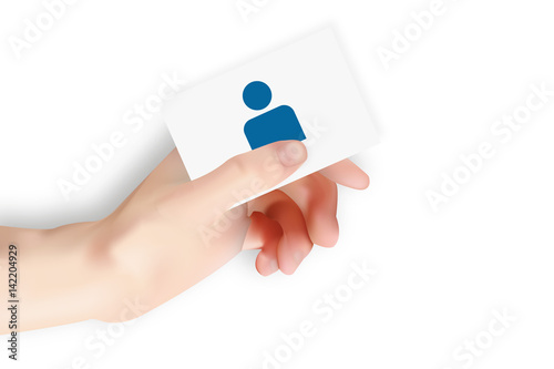 Hand hält Visitenkarte mit Person darauf