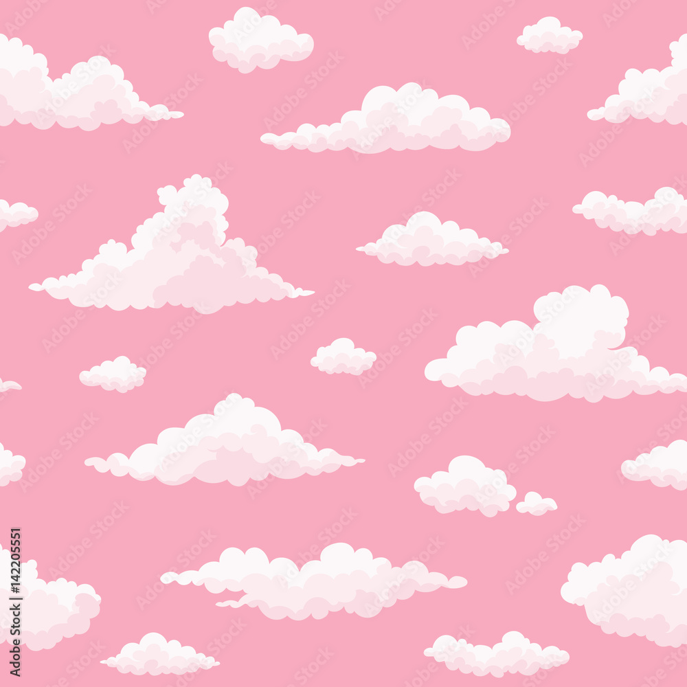 Cloud vector seamless pattern. White, pink clouds on pink sunset sky. Repeat print. 