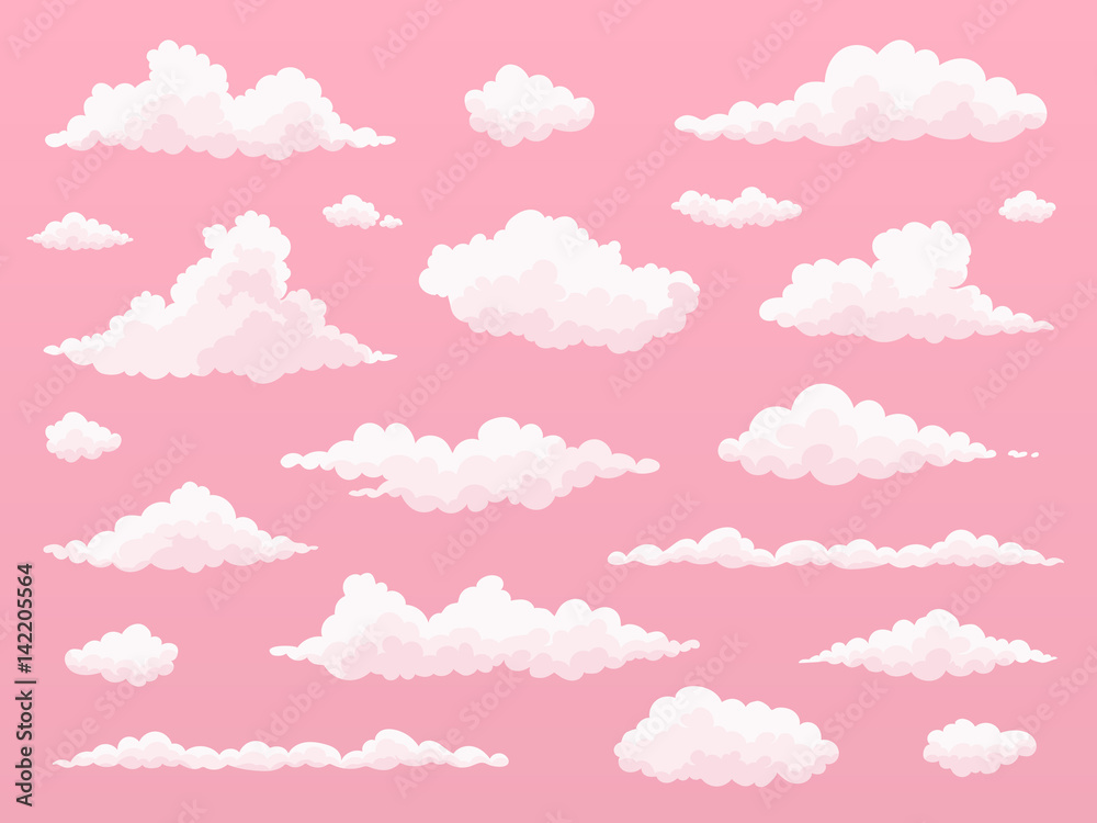 Cartoon cloud set.  Pink clouds. Pink sunset, dawn cloud sky. Flat vector illustration. - obrazy, fototapety, plakaty 