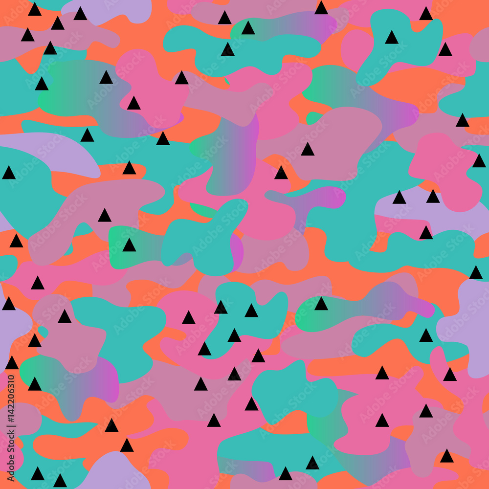 Memphis camouflage seamless pattern in a orange, blue, violet, green and pink colors. Memphis camouflage seamless pattern in a orange, blue, violet, green and pink colors.