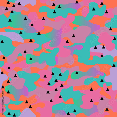 Memphis camouflage seamless pattern in a orange, blue, violet, green and pink colors.