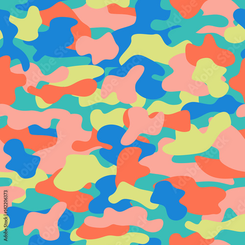 Camouflage seamless pattern in a blue, green, pink and yellow colors.