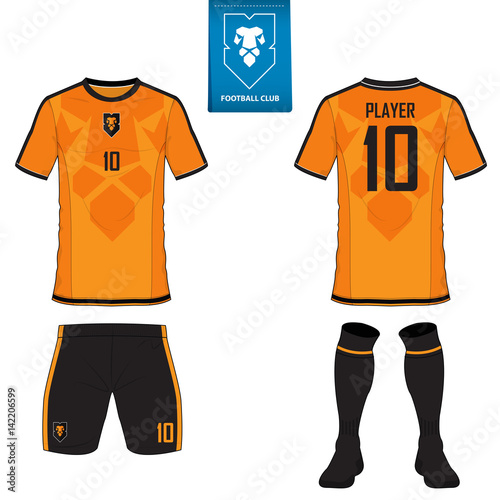 Set of soccer kit or football jersey template for football club. Flat football logo on blue label. Front and back view soccer uniform. Football shirt mock up. Vector Illustration.
