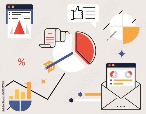 Vector illustration of business intelligence, analytical processing and statistical inference. Mono line flat infographics