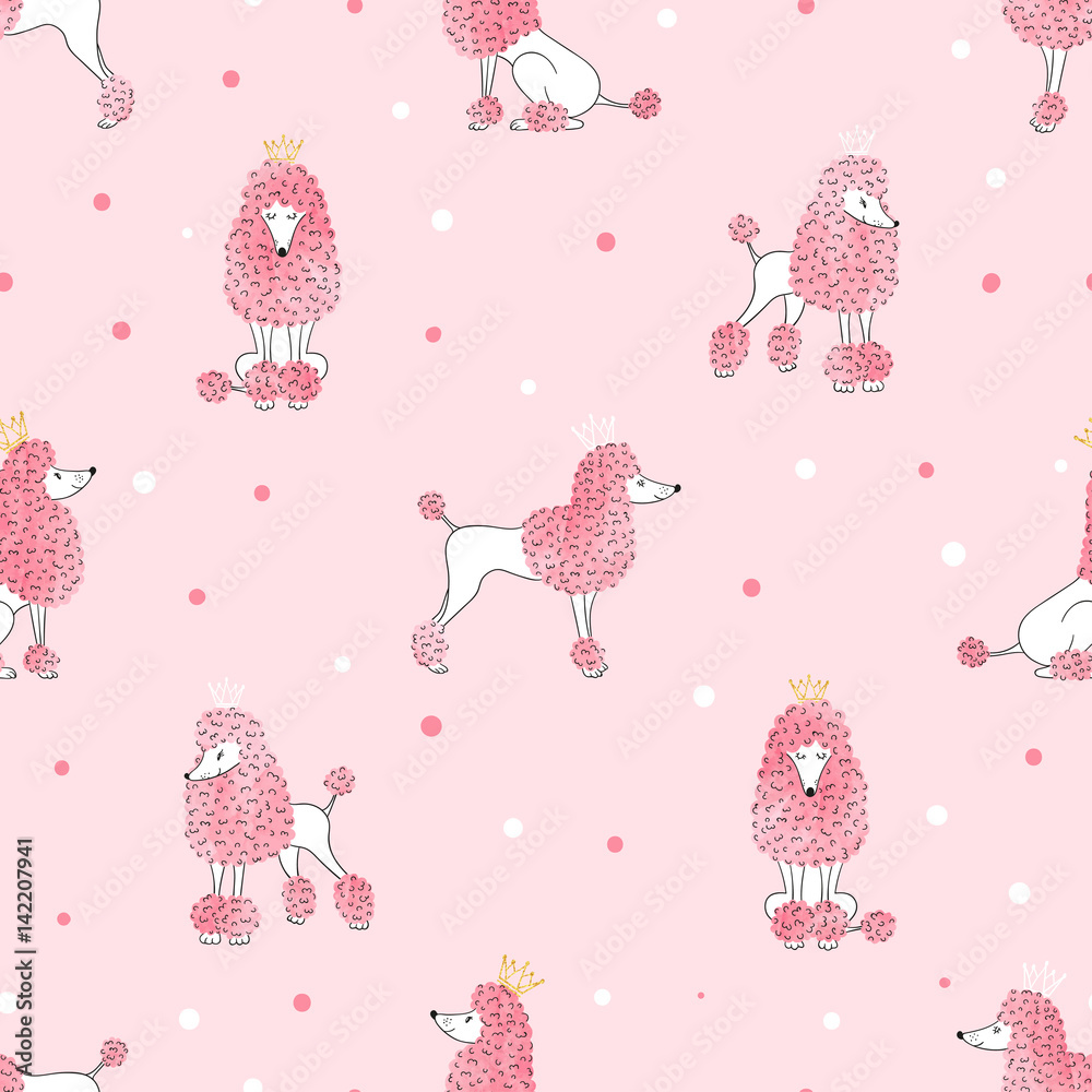 Seamless poodle dog pattern in pink color. Vector background with cute watercolor dogs for kids design.