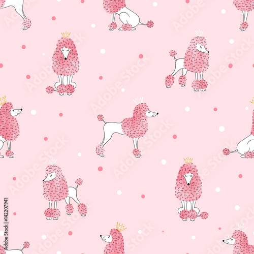 Seamless poodle dog pattern in pink color. Vector background with cute watercolor dogs for kids design.