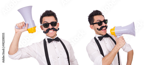 Emotional man with loudspeaker isolated on white