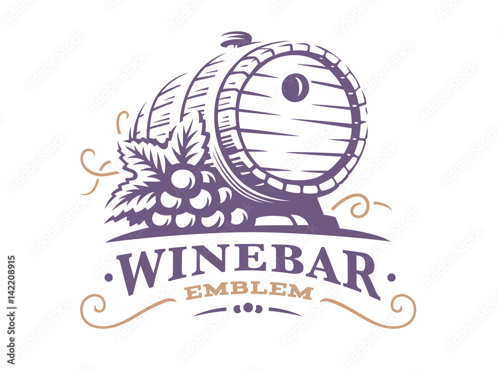 Wine barrel logo vector illustration, emblem design on white