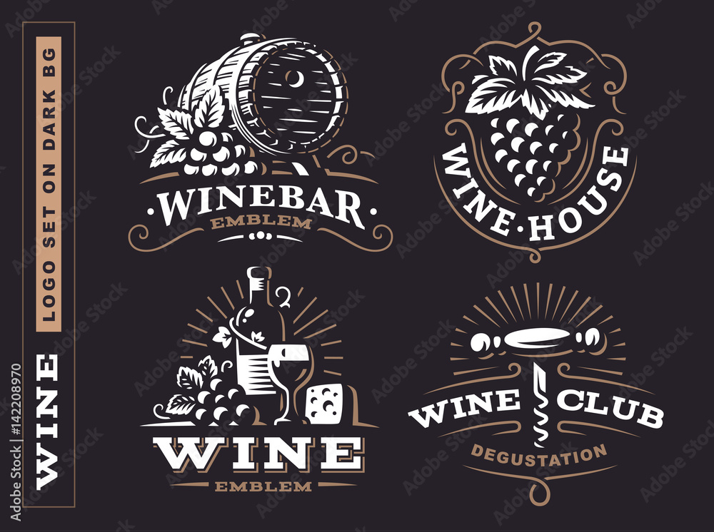 Wine set logo - vector illustrations, emblems design on dark background