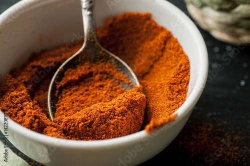 Ground paprika powder in a white ceramic bowl with metal spoon in it  macro shot  selective focus