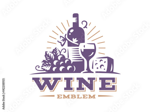Bottle of wine and grapes logo - vector illustration, emblem design on white background