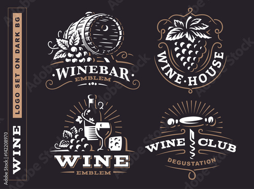 Wine set logo - vector illustrations, emblems design on dark background