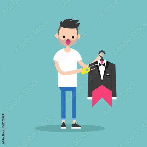 Young bearded man shocked by a high price / flat editable vector illustration, clip art